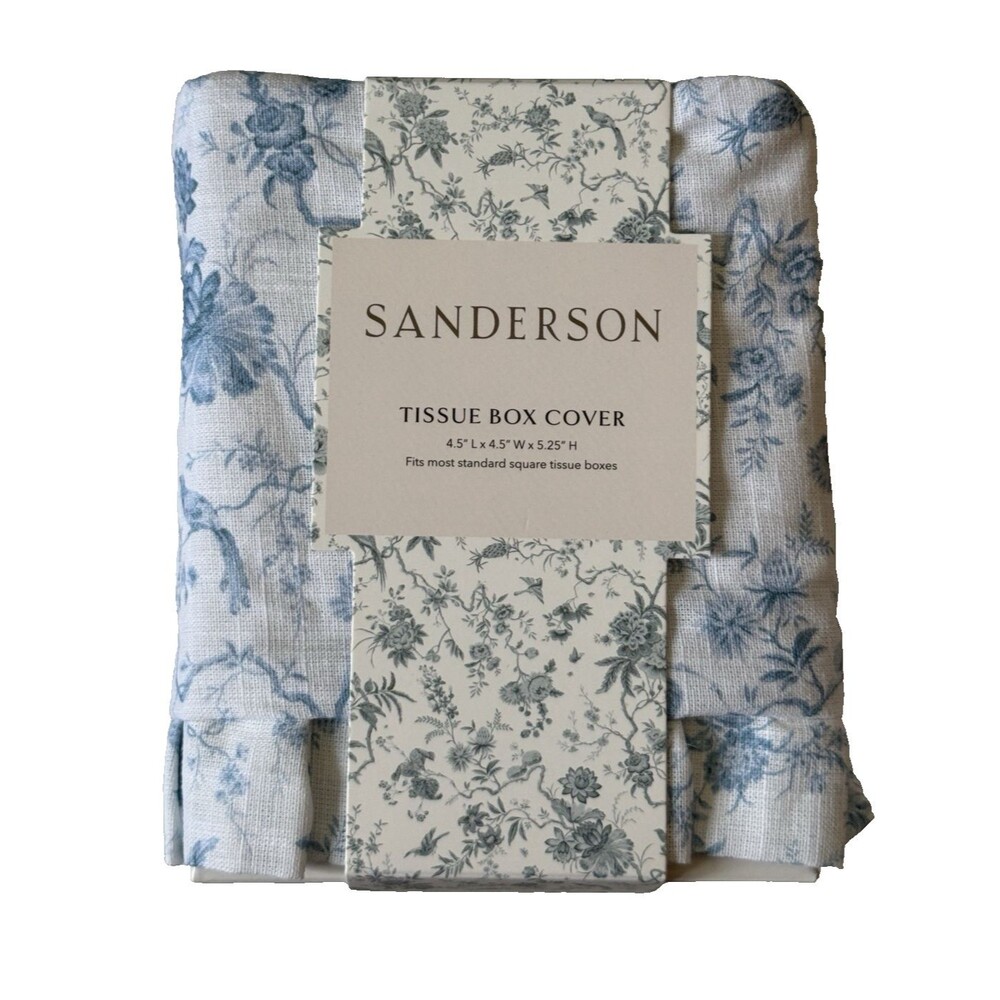 Sanderson Tissue Box Cover Pillemont  Blue White Square Cotton Fabric Cloth